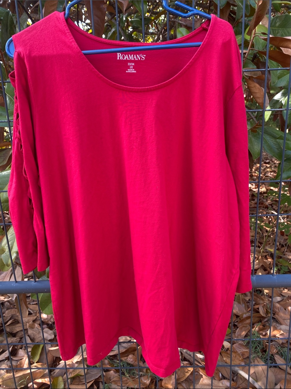 Roaman's Red Long Lattice Sleeve Tee Size 1X (22/24) 100% Cotton